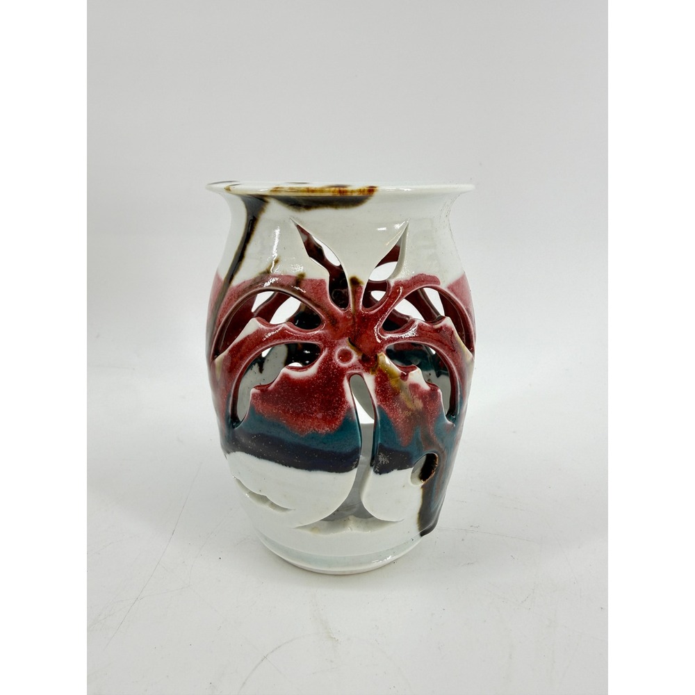 Greg Wooten Studio Pottery Candle Holder Small Multi-Color Cutout Floral Design